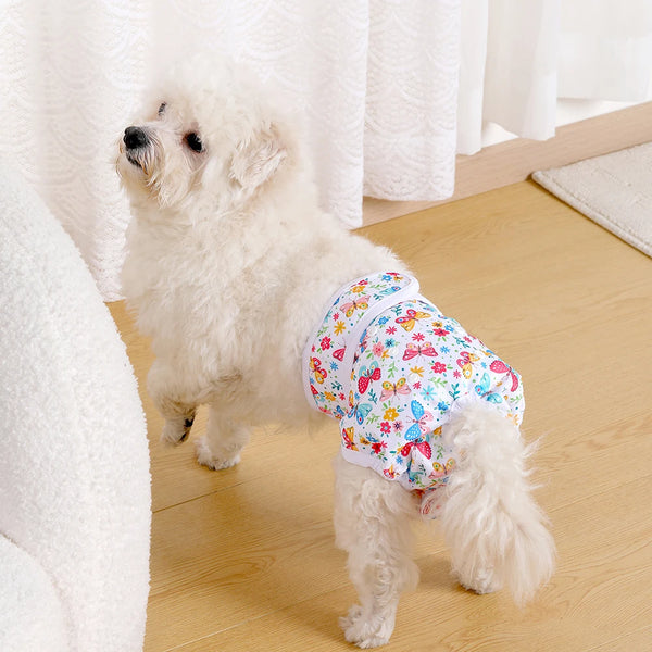 A fluffy white dog wearing colorful reusable female diapers on a wooden floor.