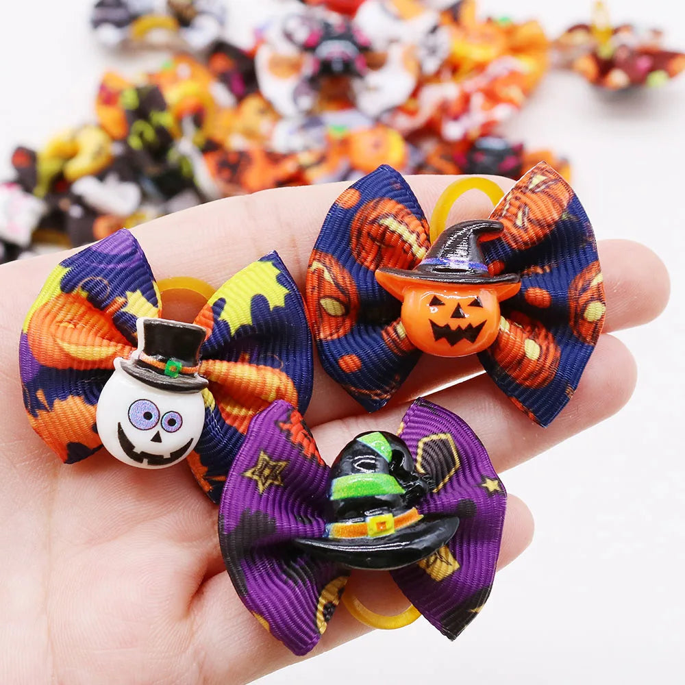 Orange and purple Halloween pumpkin print dog hair bows with rubber bands