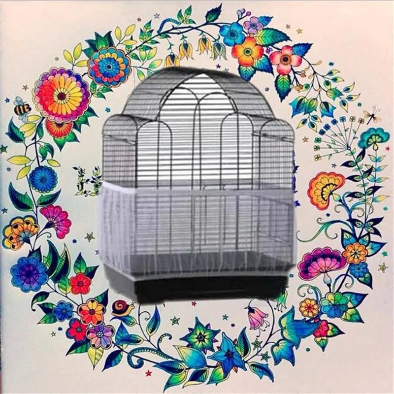 A silver nylon mesh bird cage skirt designed as a debris guard, surrounded by colorful floral and leaf patterns.
