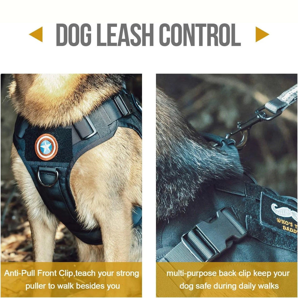 A close-up of a black dog leash control harness being used for dog leash control during daily walks.