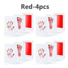 Four red baby handprint and footprint cards displayed on a white background.