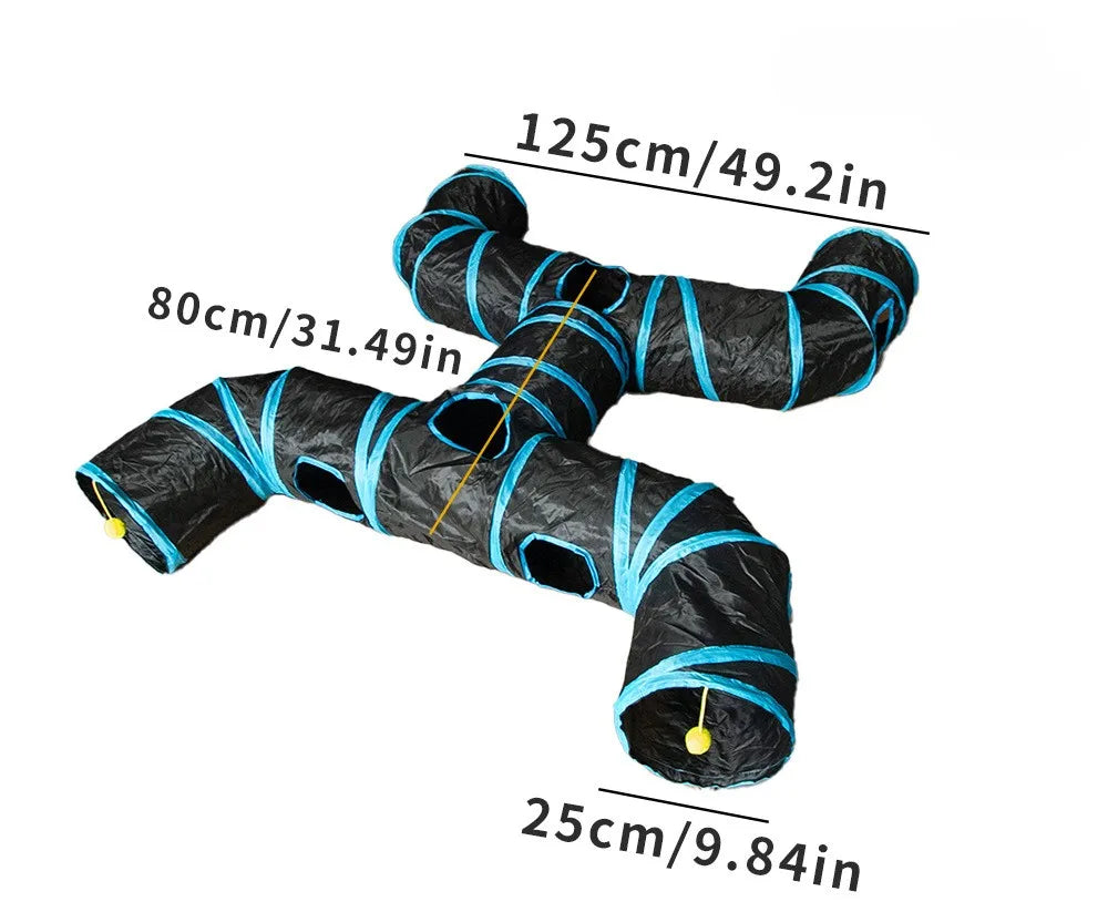 Black and blue foldable cat play tunnel for indoor exercise with various lengths.