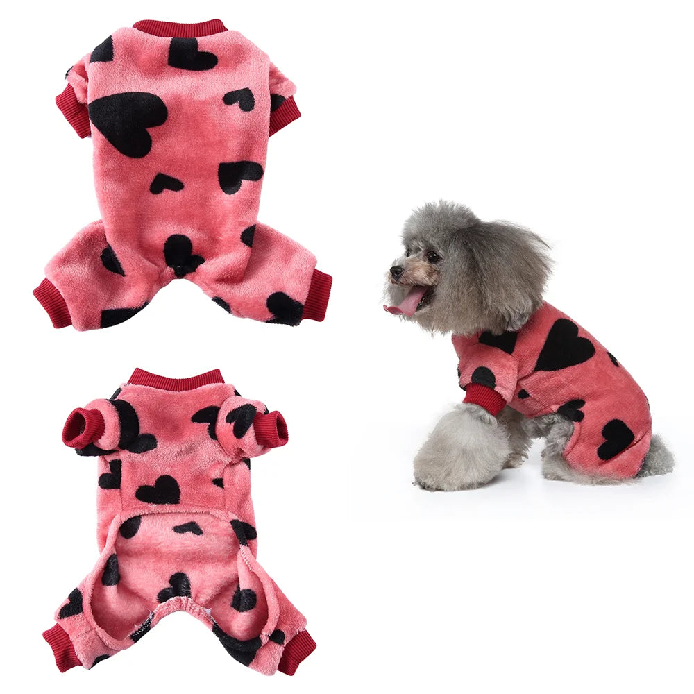 Pink and black heart-patterned cozy winter overalls for a small dog