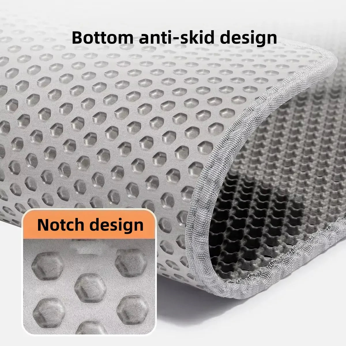 Close-up view of a gray waterproof double-layer cat litter mat showing anti-skid and notch designs.