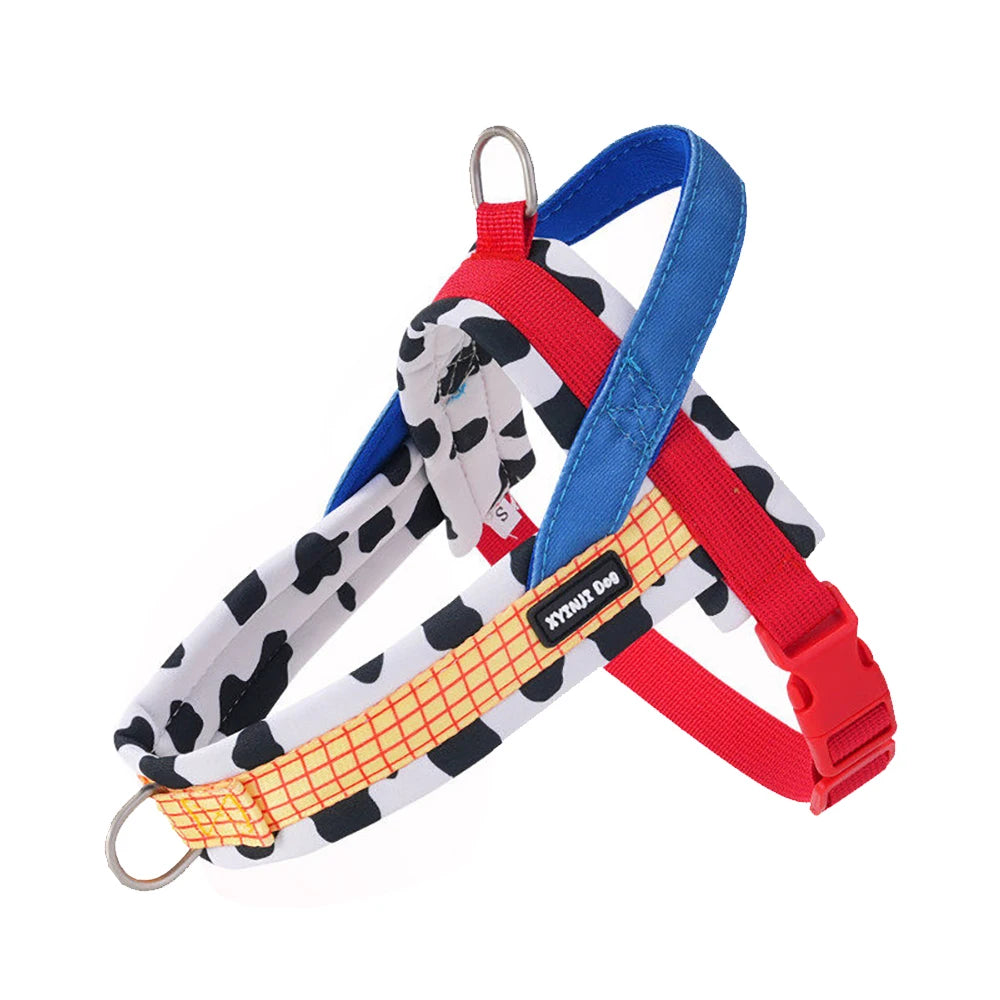 A set of adjustable dog harness and leash featuring red, blue, and white patterned straps.