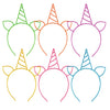 A collection of nine colorful unicorn cat ear headbands for girls and kids.