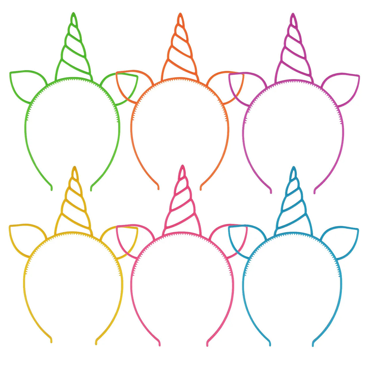 A collection of nine colorful unicorn cat ear headbands for girls and kids.