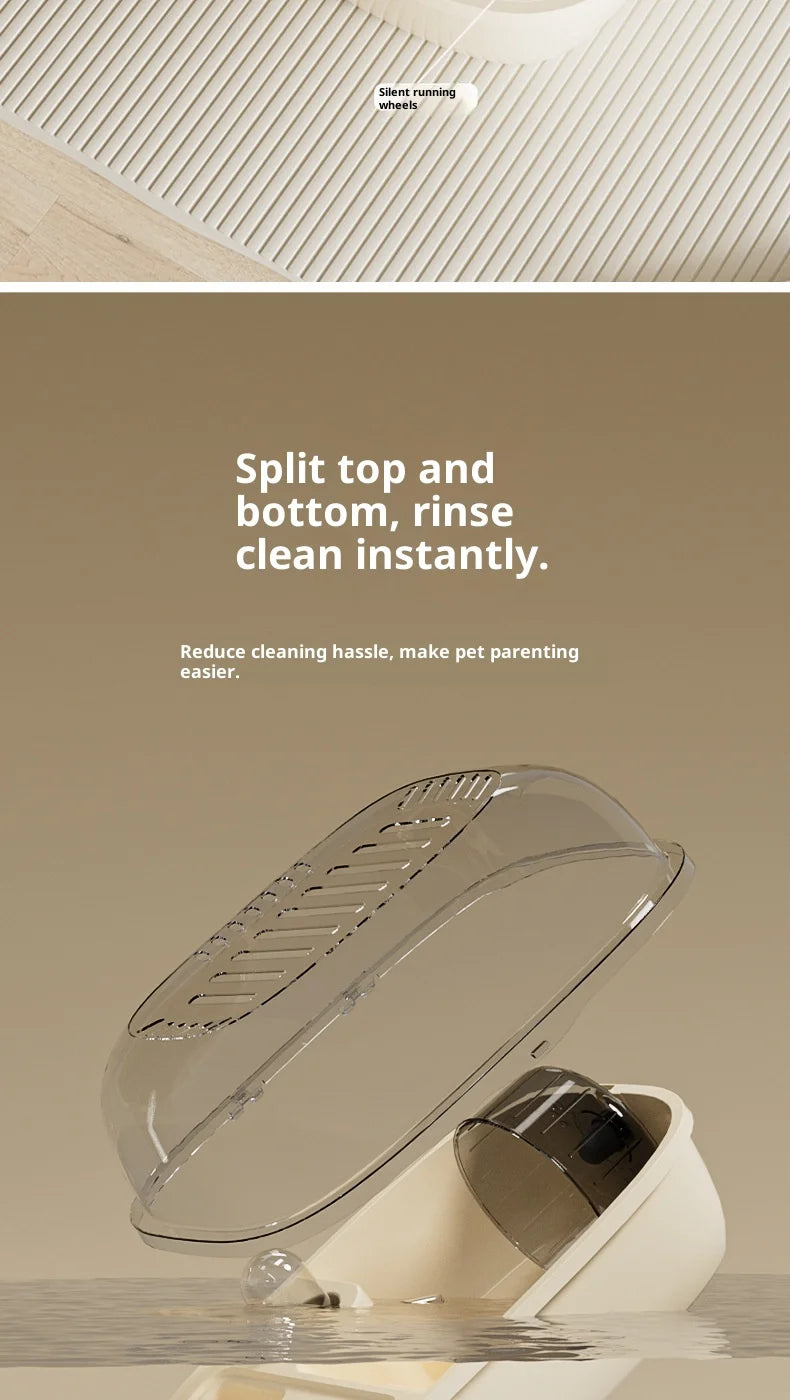 A clear plastic pet feeding dish with a removable top and bottom for easy cleaning.
