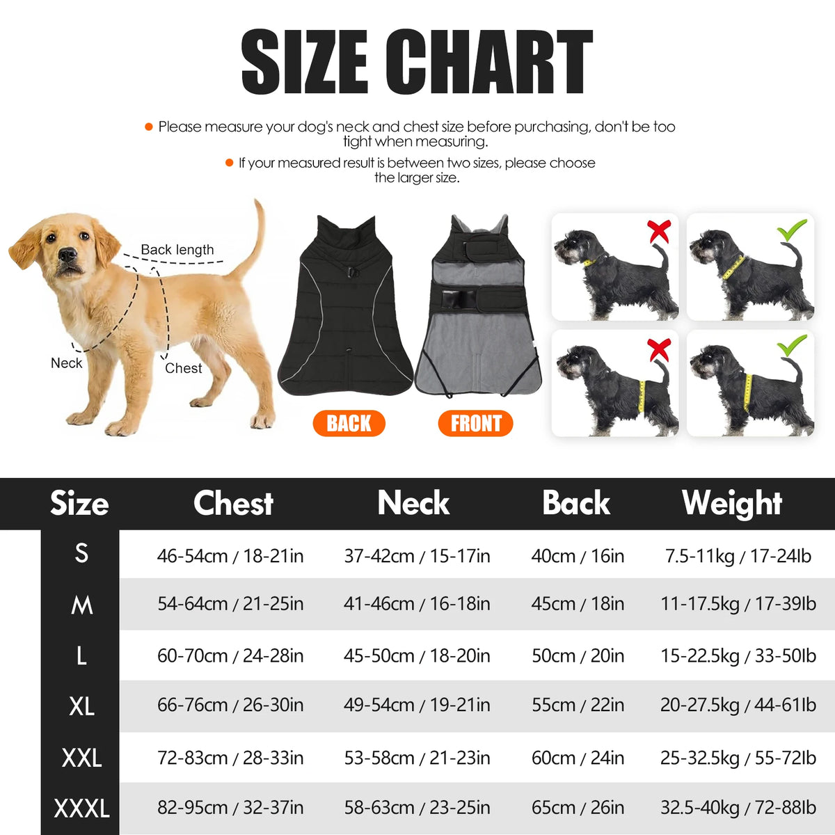 Size chart for a waterproof reflective dog winter coat showing measurements for sizes S through XXXL.