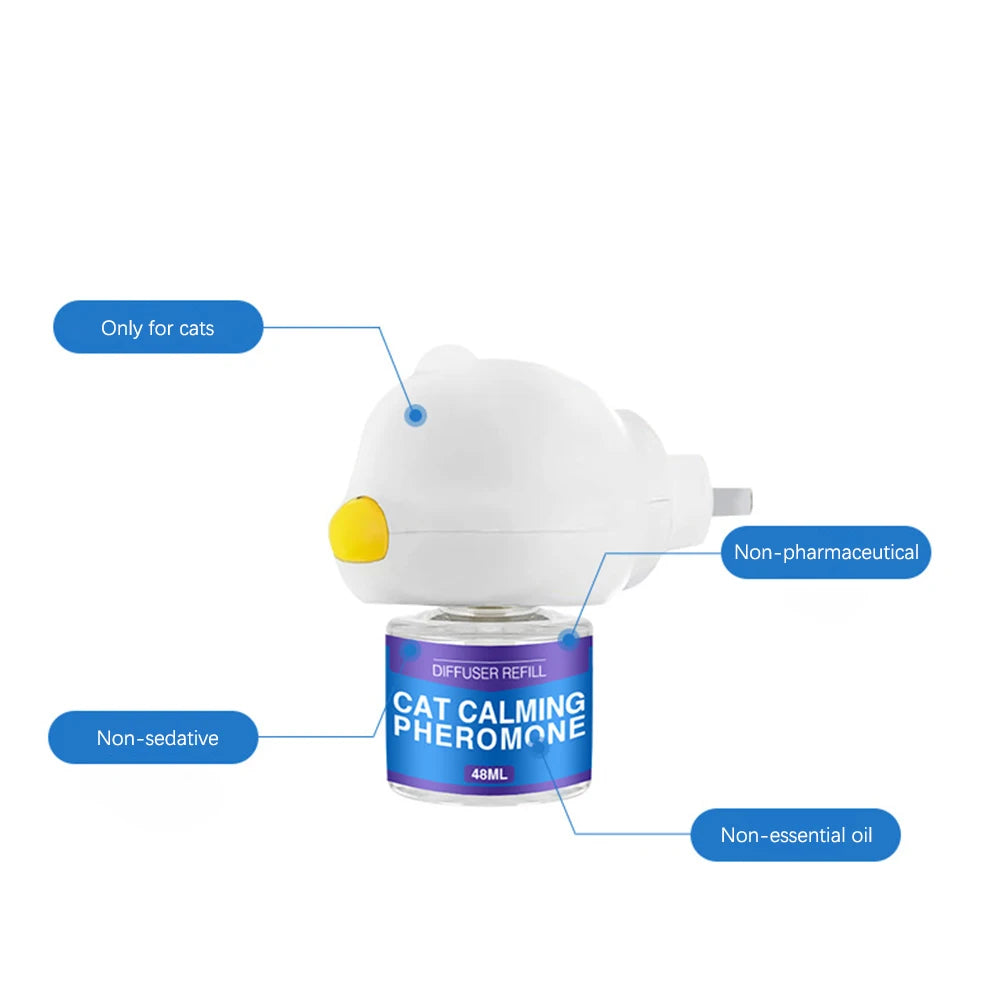 White diffuser bottle for natural cat calming pheromone oil with labels indicating it is only for cats, non-pharmaceutical, n
