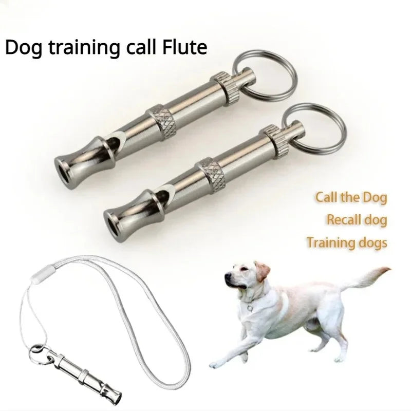 Flauta para entrenamiento de perros de acero inoxidable con un lazo metálico y collar de entrenamiento flexible.