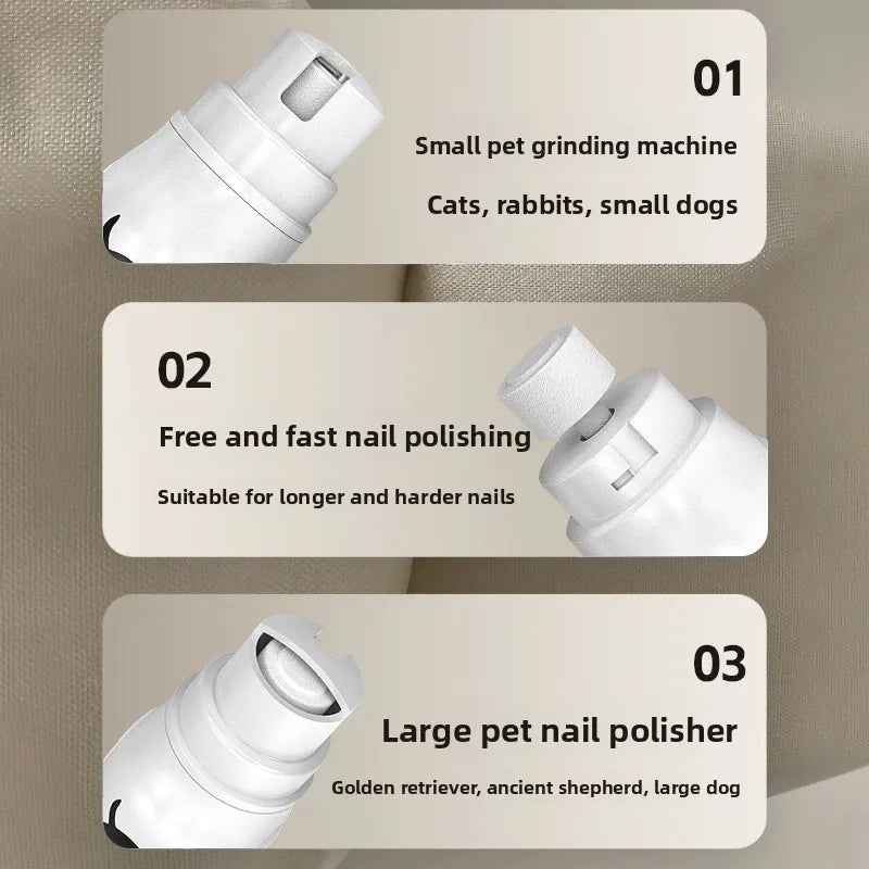 Three white pet nail polishers are shown, categorized by size for cats, rabbits, small dogs, and large dogs.
