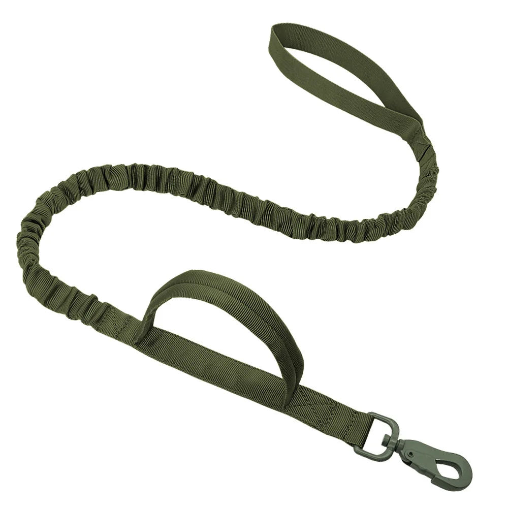 A dark olive green heavy-duty tactical dog leash with dual handles and a bungee shock absorber.