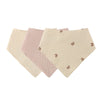 A pack of three light pink and cream soft cotton baby bibs with adjustable snap closures.