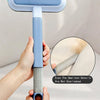 A hand holds a light blue reusable double-sided pet hair removal glove, showing the texture and detail of the product.