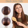 A woman shows before and after results of using a natural bamboo air cushion hair brush for hair care.