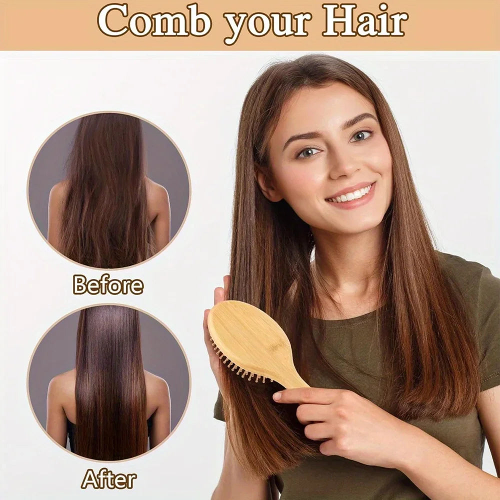A woman shows before and after results of using a natural bamboo air cushion hair brush for hair care.