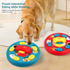 A golden retriever is interacting with a blue slow feeder bowl for dogs, demonstrating puzzle feeding.