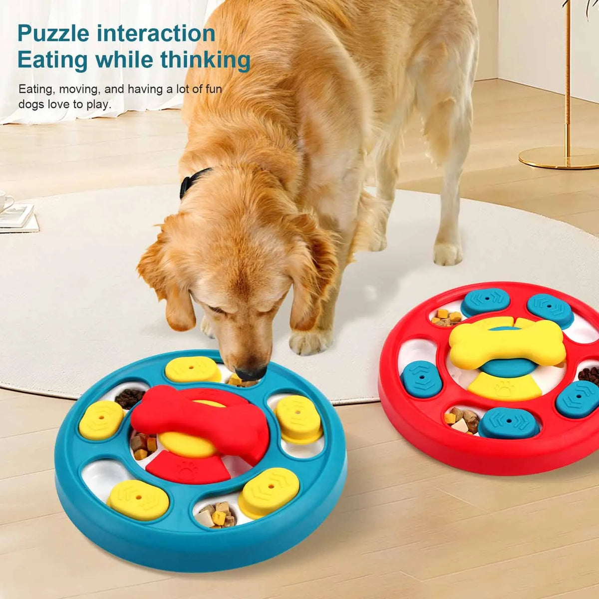 A golden retriever is interacting with a blue slow feeder bowl for dogs, demonstrating puzzle feeding.
