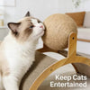 A fluffy cat is interacting with a wooden cat scratcher ball covered in sisal rope.