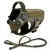 A heavy duty tactical dog harness with a padded vest and molli pouch system in olive green.