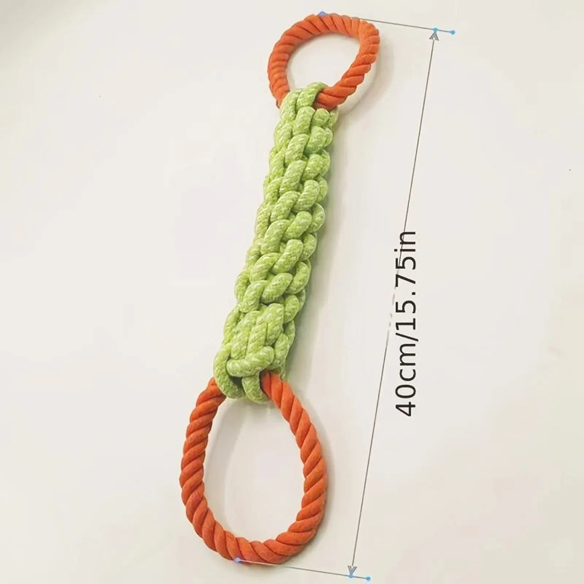 An orange and green braided rope toy with a loop for a durable dog chew.