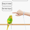 A yellow and green parrot is perched on a wooden bar, being gently handled by a person's hand.