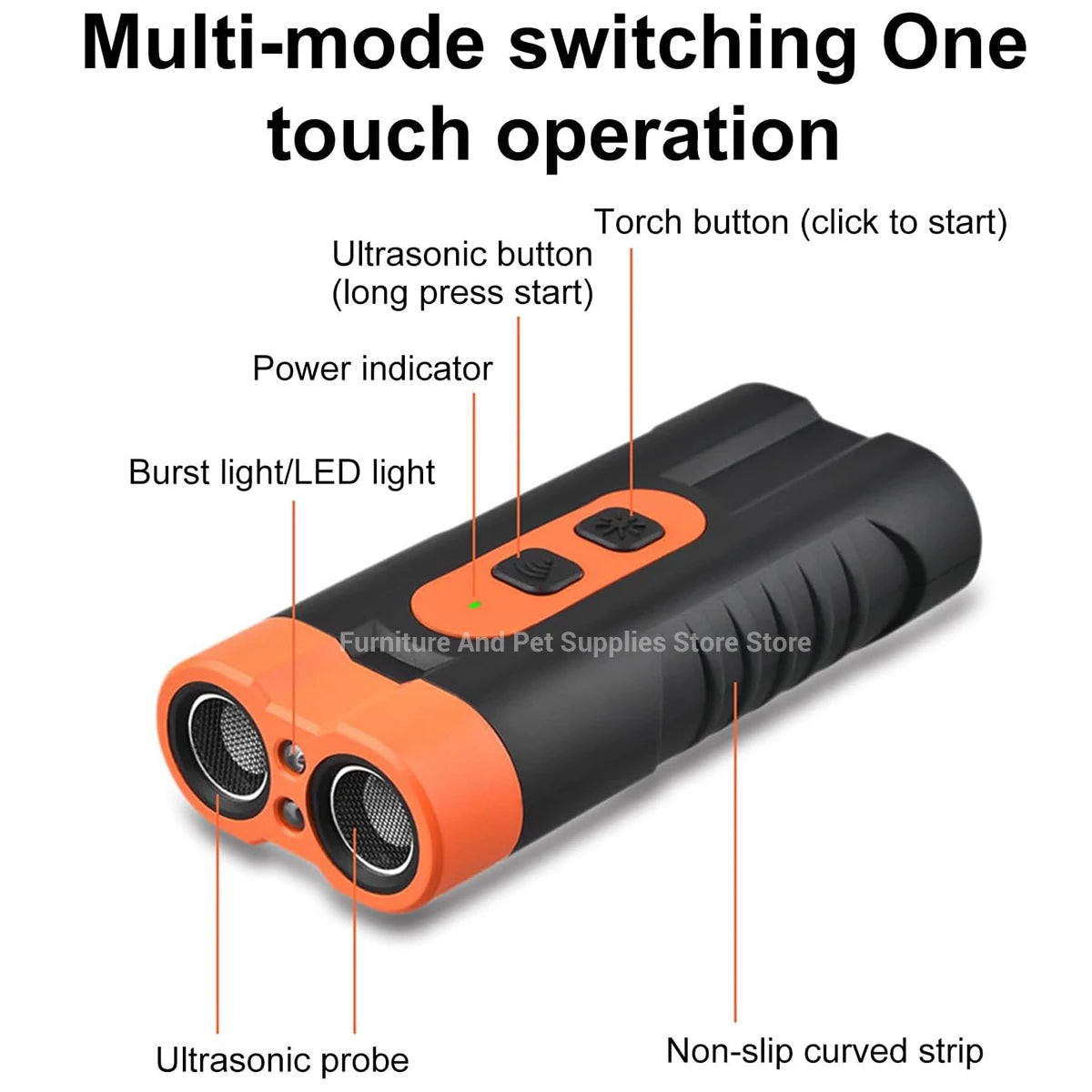 An orange and black multi-mode switching torch with an ultrasonic probe and non-slip curved strip.