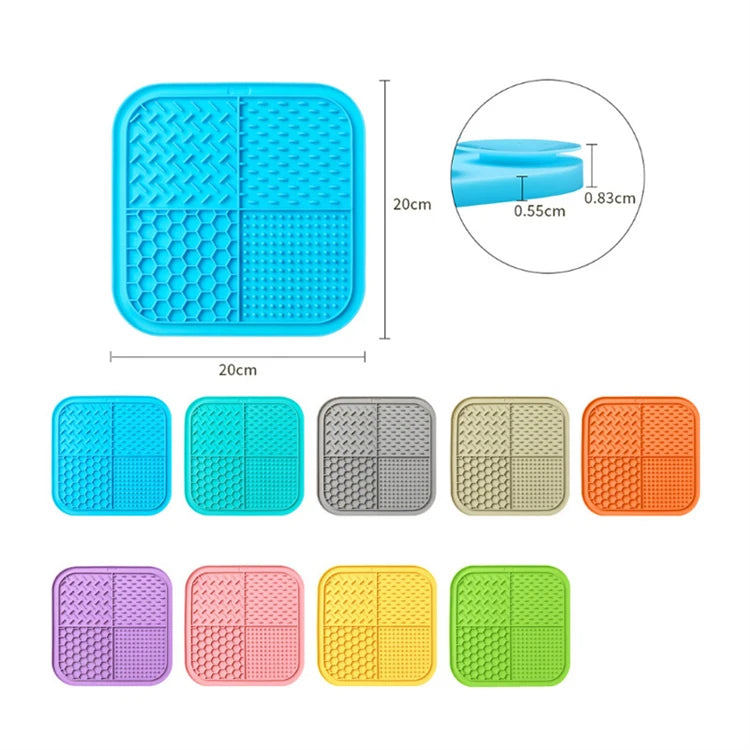 A set of silicone lick mats for dogs and cats in various colors including blue, teal, gray, orange, and green.
