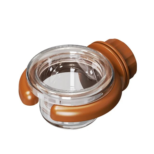 A transparent hanging bird feeder box with a brown, detachable design.