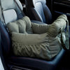 A green durable pet car seat with safety straps is shown installed in a car interior.