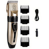 A cordless pet grooming trimmer in a gold and black finish with various sized cutting combs.