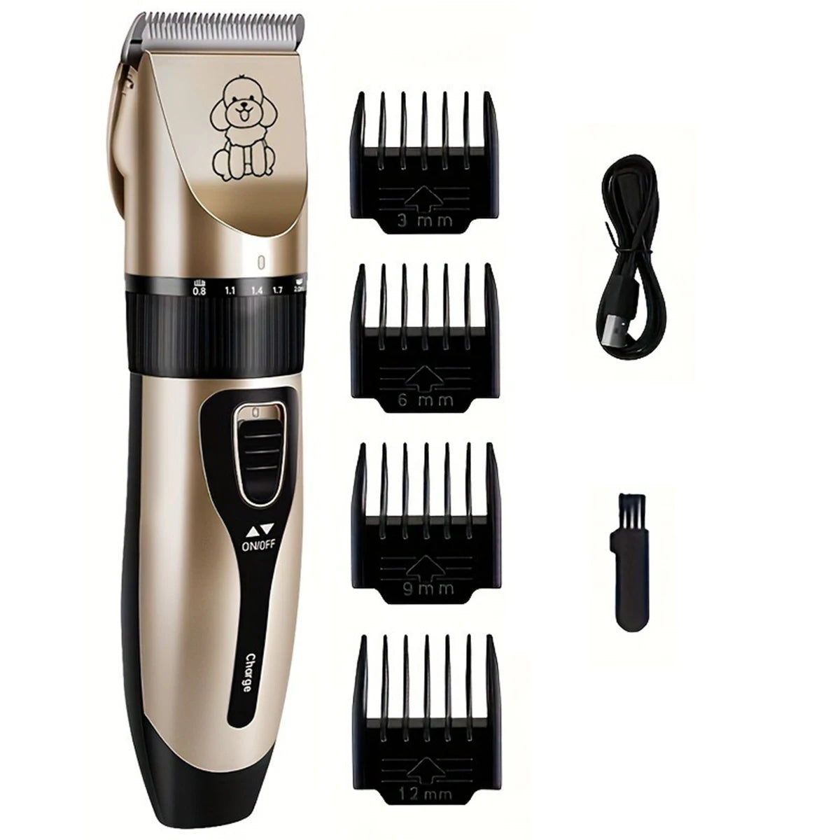 A cordless pet grooming trimmer in a gold and black finish with various sized cutting combs.