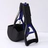 A black and blue portable foldable dog poop scooper with a handle and collection cup.