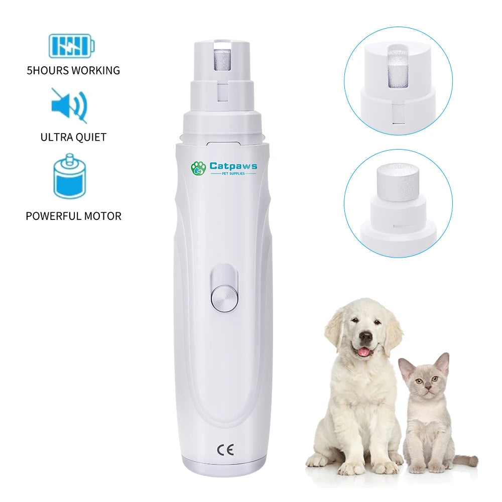 A white electric pet nail grinder device shown next to a dog and a cat.
