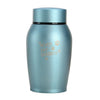A teal stainless steel pet memorial storage box with a sliding cap.