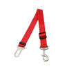 Red retractable dog car seatbelt tether with a metal clip and buckle.