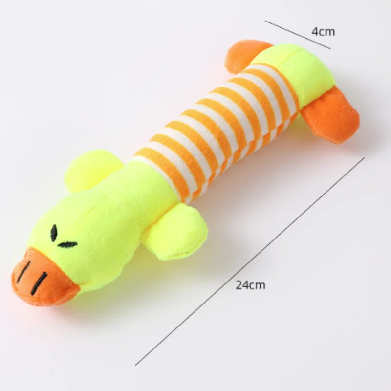 Yellow and orange striped plush donkey dog toy for teething puppies