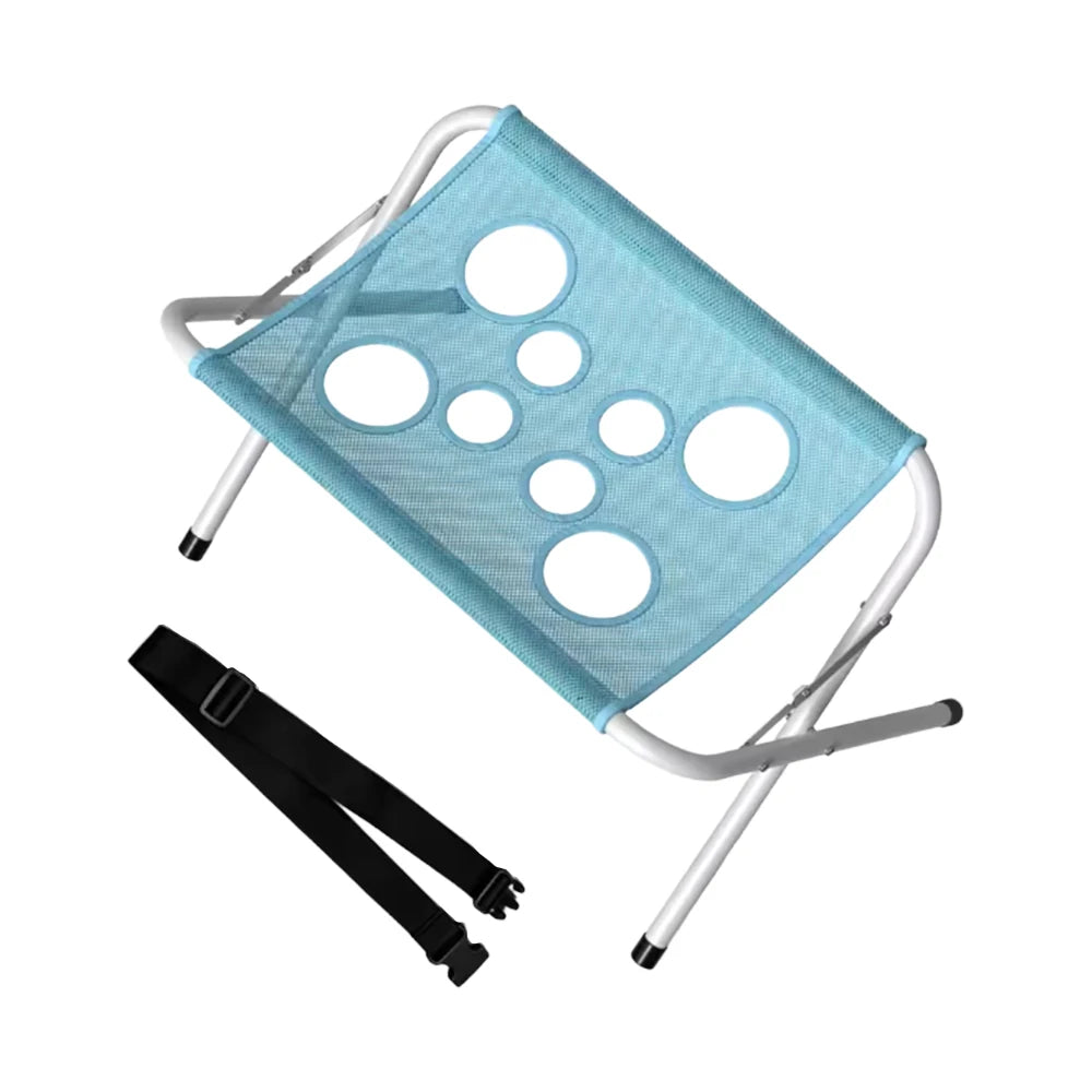 A light blue portable pet grooming hammock stand with a mesh fabric and metal frame.