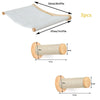 Three wall mounted cat climbing shelves or bridges made of white fabric and natural wood.