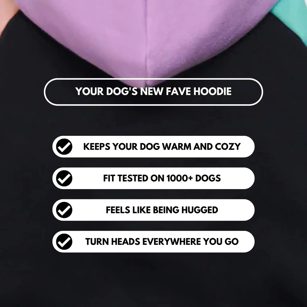 A purple dog hoodie is shown, emphasizing that it keeps the dog warm and cozy, is fit tested on 1000+ dogs, feels like a hug,