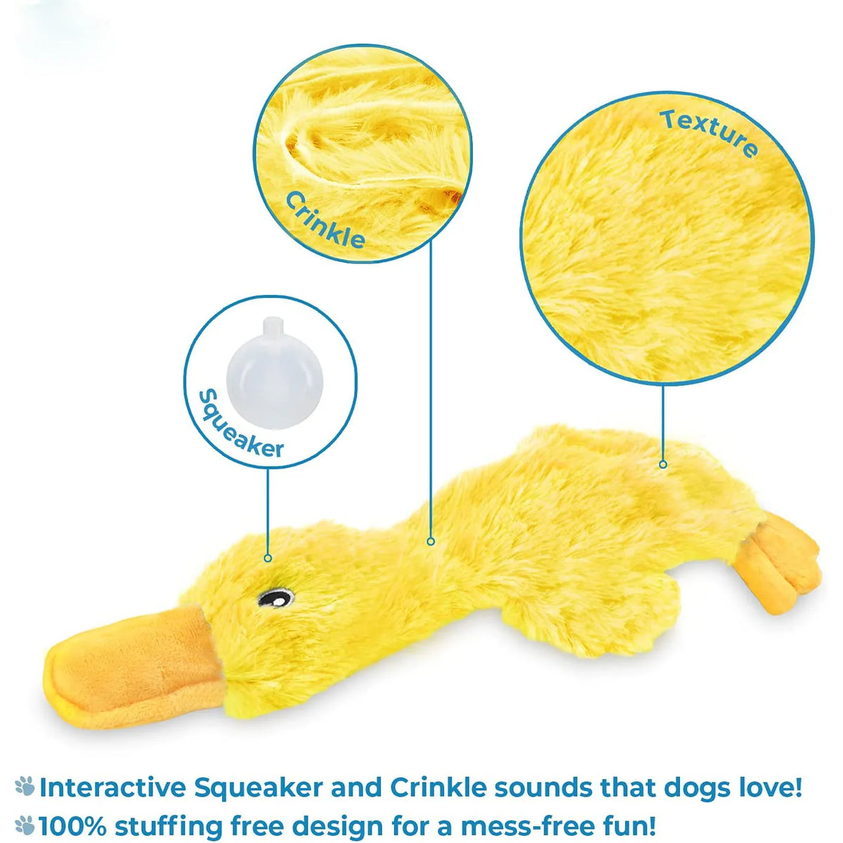 Yellow plush duck toy with crinkle and squeaker features for dogs