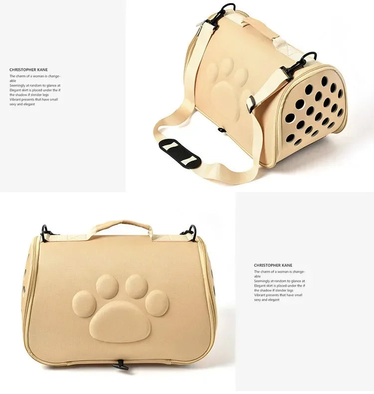 A beige breathable pet carrier bag for cats and small dogs shown in a top-down view.