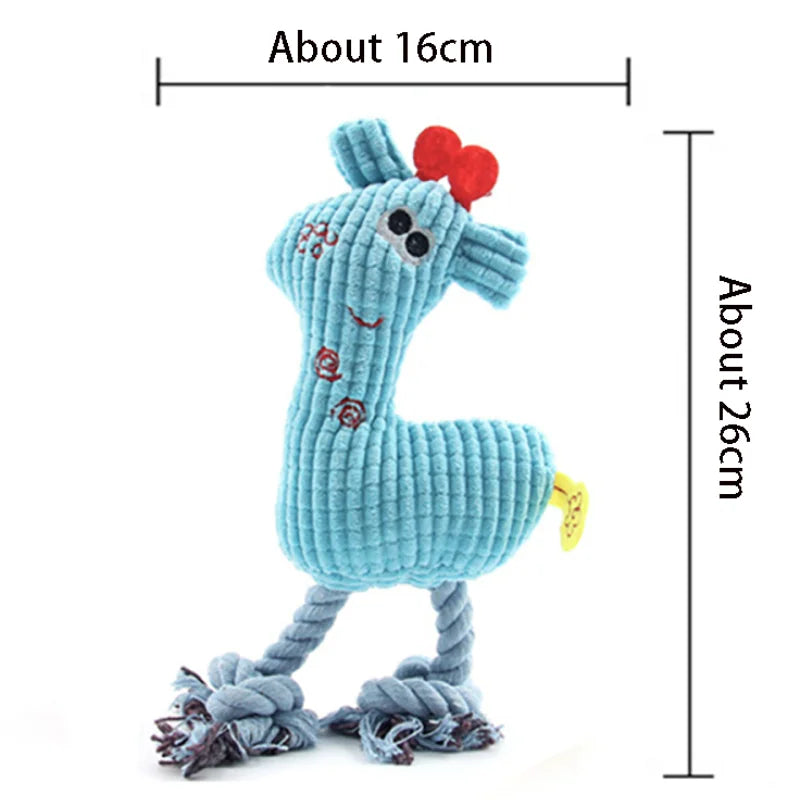 A light blue plush squeaky donkey dog toy with a red nose and textured legs.