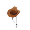A brown cowboy hat with a black studded band and a leather chin strap.