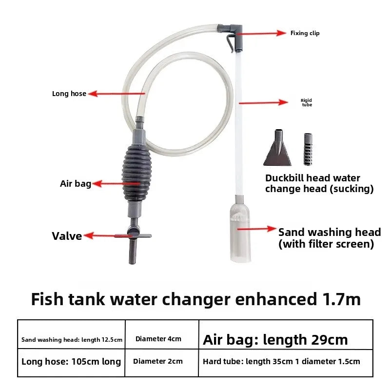 Outil de changement d'eau pour aquarium avec tuyau long, airbag, vanne et tête de lavage de sable.