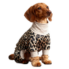 A brown dog wearing leopard print pajamas with a white collar against a black background.