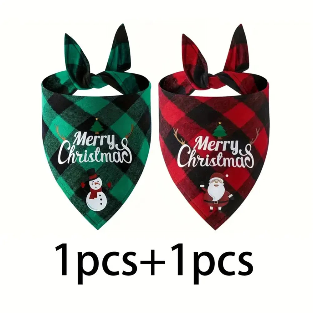 Two plaid Christmas triangle bandana pet scarves for dogs, one green and one red.