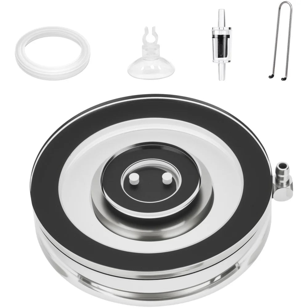 A set of acrylic fish tank air stones and a round silver diffuser