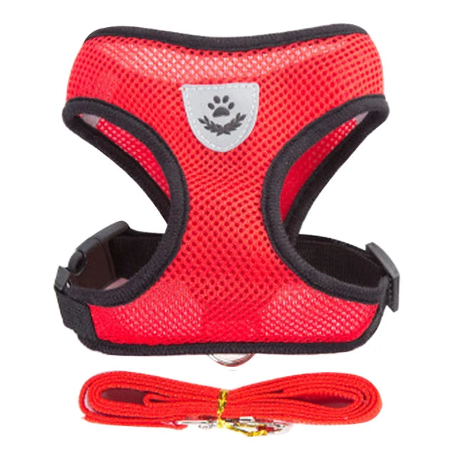 Red mesh pet harness and matching red leash set for dogs and cats